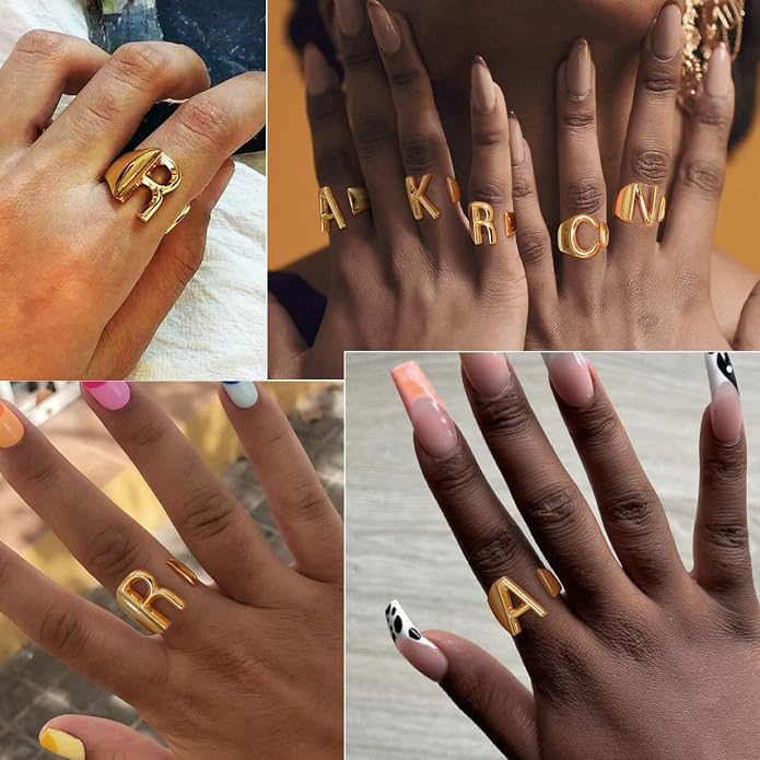 KeyStyle Bold Initial Letter Rings Adjustable, GoldChic Jewelry Women Gold Statement Ring Personalized Engraved Women’s Open Signet Ring for Party (Gold, White Gold, Black)