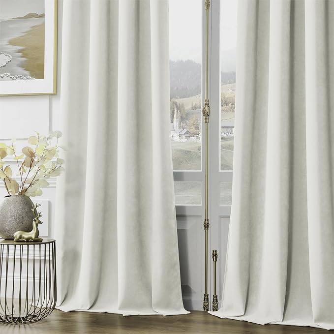 Joydeco Blackout Velvet Curtains Vanilla Grey 90 Inch Rod Pocket | Luxury Thermal Insulated Velvet Curtains for Bedroom Living Room, Soundproof Blackout Window Drapes
