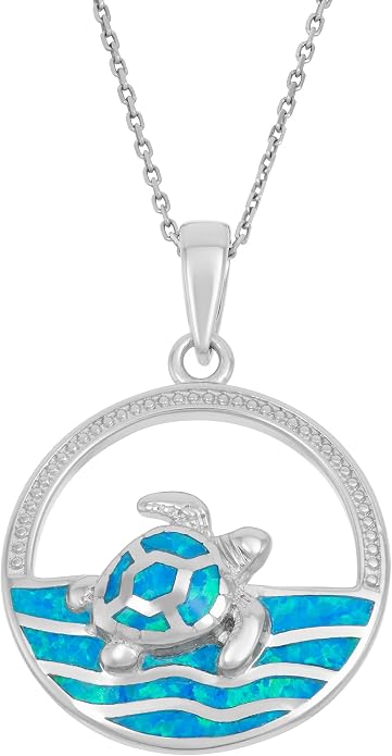 Created Blue Opal Ocean Necklace for Women, 925 Sterling Silver Pendant, 18 Inch Chain, Beach and Sea Life Jewelry Collection
