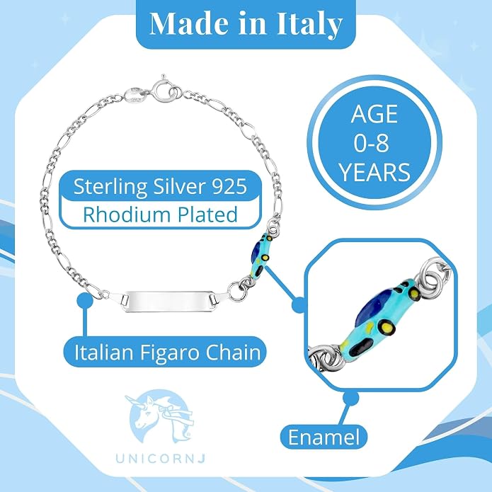 UNICORNJ 925 Italy Sterling Silver Child or Baby Name Bracelet Girls Boys, Personalized Engraved Kids ID Bracelets, 6.5" Figaro Chain, Enamel Charm Newborn Infant Toddler Kid Jewelry