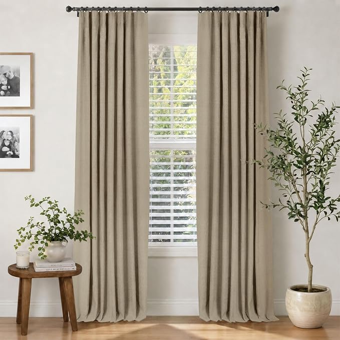 INOVADAY 100% Blackout Curtains for Bedroom, Earthy Beige Black Out Curtains 102 Inch Long, Clip Rings Linen Blackout Drapes, Thermal Insulated Room Darkening for Living Room, 2 Panels - W50xL102