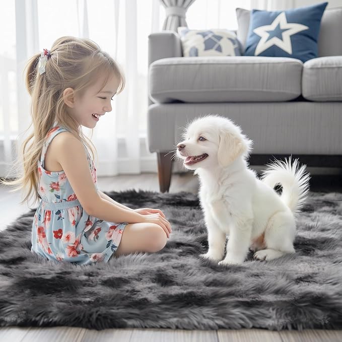 Area Rugs 10x14 Living Room, Shaggy Carpet Soft Plush Furry Bedside Rug Large Area Rugs for Bedroom Home Decor Anti Slip(10 x 14, Dark Grey Tie-Dyed)