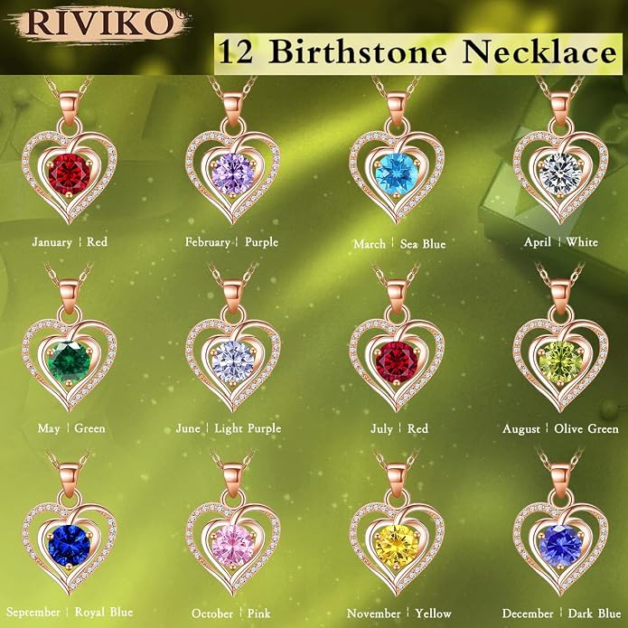 RIVIKO Heart Birthstone Pendant Necklace for Women 925 Sterling Silver Zirconia Necklaces Valentine's Day Anniversary Birthday Mothers Day Jewelry Gifts For Her Mother Wife