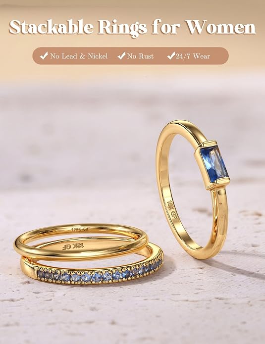 Gold Stackable Birthstone Rings for Women - 18K Gold Filled Non Tarnish Dainty Gold Stacking Rings Set - Cubic Zirconia Thumb Knuckle Ring Wedding Engagement Ring for her Gifts Size 6 7 8 9 10 3pcs