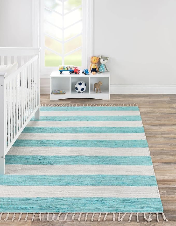 Unique Loom Chindi Rag Collection Area Rug - Striped (7' 10" x 10' Rectangle, Turquoise and Ivory)