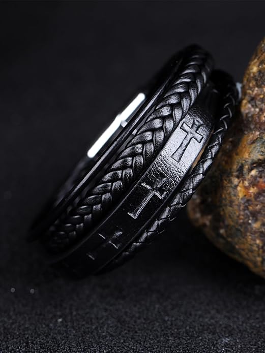 Mens Leather Cross Bracelet Multilayer Braided Wristband Bangle Bracelets with Stainless Steel Buckle Religious Gift for Men Brown/Black/Blue–8.3 inch