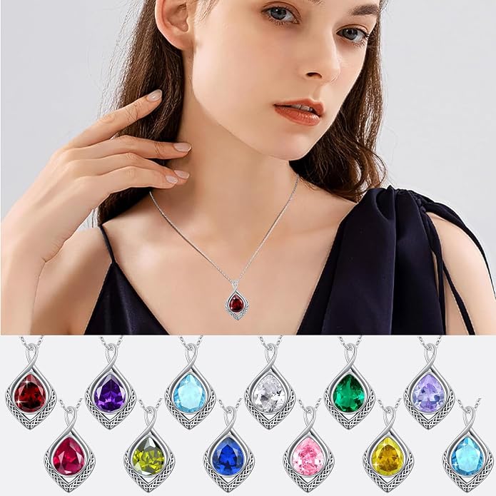 PELOVNY Celtic Knot Necklaces for Women 925 Sterling Silver Gemstone/Birthstone Teardrop Infinity Necklace Irish Celtic Pendant Jewelry Gifts for Mom Daughter Wife