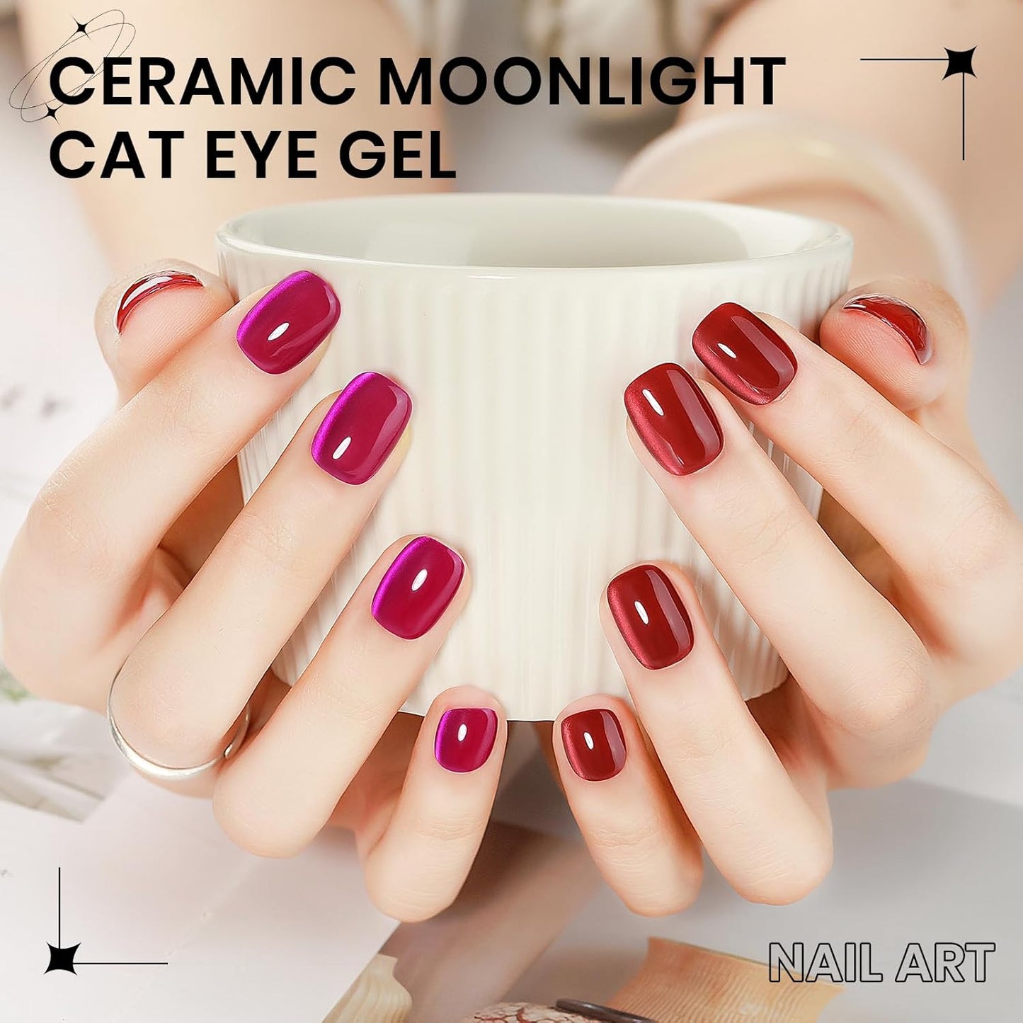 2PCS 15ML Cat Eye Gel Polish, Hot Pink Red Glass Moonlight Cateye Gel Nail Polish with Magnetic Stick Shimmer Glitter Effect Soak Off Salon DIY at Home