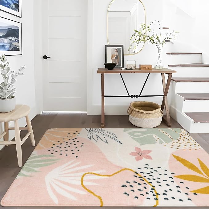 Lahome Pink Boho Bedroom Rug 5x7, Washable Non Slip Soft Botanical Area Rug for Girls Bedroom Kids Room Cozy Nursery Toddler Living Room Apartment Decor