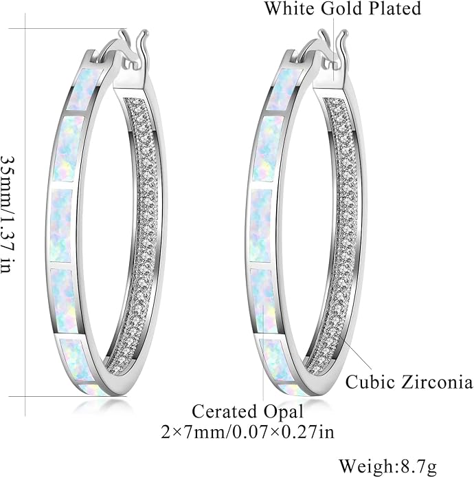 CiNily Opal Hoop Earrings,Women Jewelry Rhodium Plated/Rose Gold or Yellow Gold Plated Gemstone Big Hoop Earrings 32mm