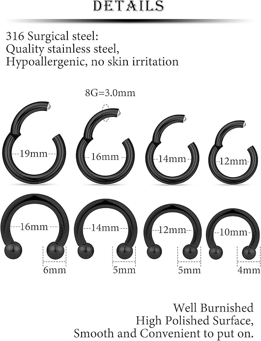 20G 18G 16G 14G 12G 10G Hypoallergenic Nose Rings Hoops for Men Women 316L Surgical Steel Hinged Nose Rings for Nostril Septum Cartilage Helix Daith Tragus Rook Conch Lip Ear Lobe Piercing