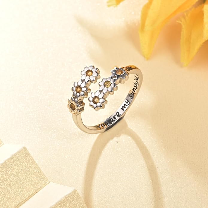 Jinlou 925 Sterling Silver Dainty Daisy Rings Flower Finger Rings For Women Love Promise Band Sunflower Adjustable Thumb Rings For Women
