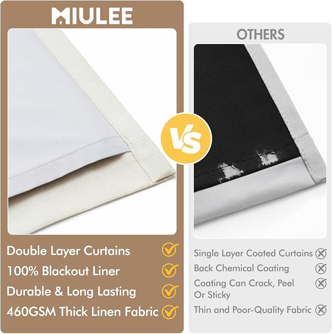 MIULEE Pinch Pleated 100% Blackout Curtains 40"x84" Beige White 4 Panel Set | Thick Linen, Memory Trained Pleat, Back Tab Double Layer Drapes, Thermal Insulated, Curtain for Bedroom Living Room Darkening