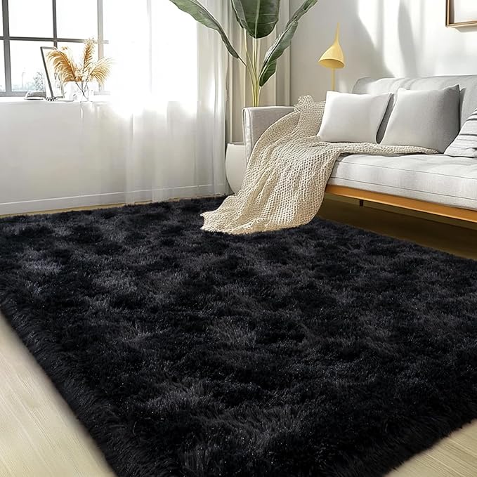 Large Area Rugs for Living Room Bedroom 6x9 Black Fluffy Shag Rugs | Ultra Soft Shaggy Plush Fuzzy Modern Indoor Throw Floor Carpet for Kids Girls Boys Dorm Nursery Home Decor Aesthetic
