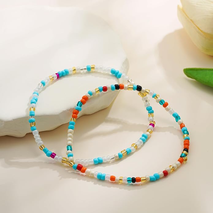 Boho Gold Anklet Bracelets for Women, Waterproof Beach Layered Pearl Beaded Turquoise Anklets Set Handmade Jewelry Gift