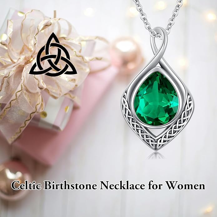 PELOVNY Celtic Knot Necklaces for Women 925 Sterling Silver Gemstone/Birthstone Teardrop Infinity Necklace Irish Celtic Pendant Jewelry Gifts for Mom Daughter Wife
