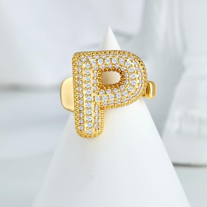 Cicy Bell Initial Rings for Women 14k Gold Plated Cubic Zirconia Delicate Letter Chunky Statement Open Rings Gifts for Her