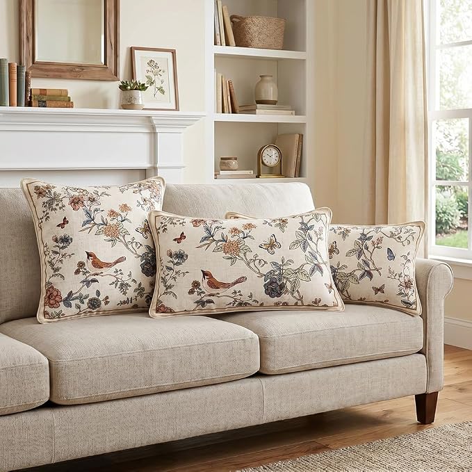 ISAENNE Designer Vintage Linen Throw Pillow Cover,18"x18"-Cornucopia A | Elegant French Square Pillow Cover,Concealed Zipper,Floral and Bird Pattern,Sofas,Bedroom,Living Room,Lounge Chairs