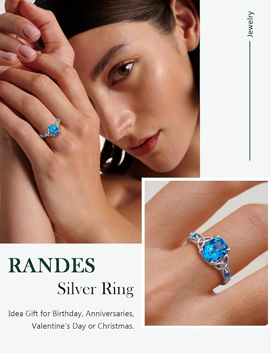925 Sterling Silver Birthstone Rings for Women Cushion Cut Engagement Celtic Knot Ring Irish Jewelry Created Gemstone Anniversary Rings Size 6-10(with Box)