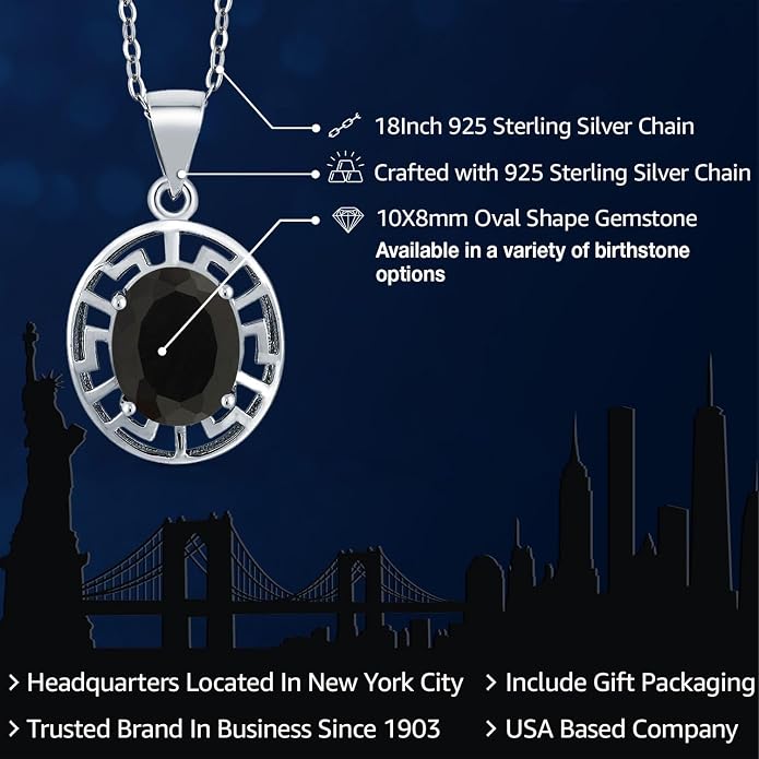 Gem Stone King 925 Sterling Silver 10X8MM Oval Gemstone Birthstone Necklace | Greek Key Pendant Necklace for Women | With 18 Inch Silver Chain