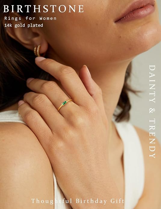 RLMOON Birthstone Rings for Women Non Tarnish Gold Stackable Rings Dainty 14K Gold/Silver Plated Baguette CZ Emerald Green Pinky Ring Personalized Jewelry Gift for Birthday Size 4-10