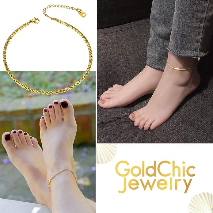 GoldChic Adjustbale Link Chain Anklet for Women Summer Jewelry, 316L Stainless Steel Figaro/Wheat/Twist Rope/Cuban Foot Bracelet-Waterproof, Resizable 9"-12" (Gift Box Included)