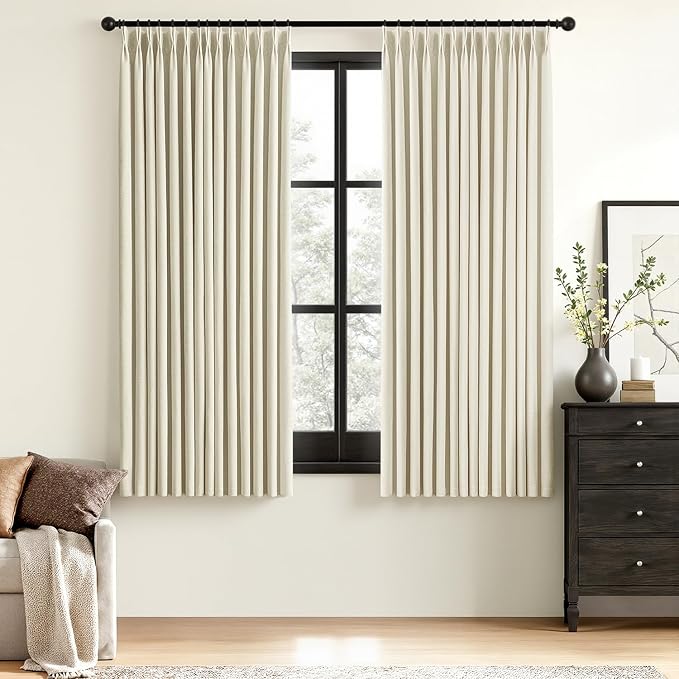 MIULEE Cream Pinch Pleated 100% Blackout Linen Curtains for Bedroom, Room Darkening Memory Trained Light Blocking Window Curtains 63 inches Long for Living Room, Black Out Pleat Drapes, 2 Panels