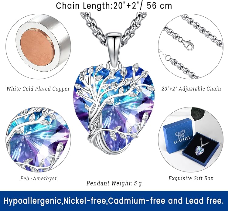Eusense Tree of Life Necklace for Women White Gold Plated Copper Moonstone/Turquoise/Black Onyx/Crystal Birthstone Pendant Jewelry Gifts for Women Men