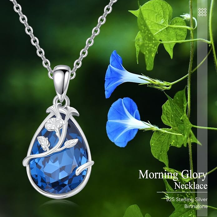 925 Sterling Silver Birth Flower Necklace with Teardrop Shaped Birthstone - 12 Colors, 12 Kinds of Flower - Ideal Birthday Jewelry Gift for Women, Mothers, Daughters & Wives