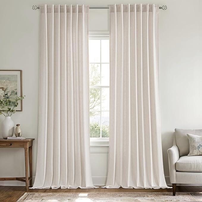 MIULEE Non-See-Through Privacy Linen Curtains 52W x 96L Inch White | 2 Panels, Light Filtering, Semi Sheer Window Curtains, Farmhouse Textured, Back Tab Drapes for Bedroom Living Room