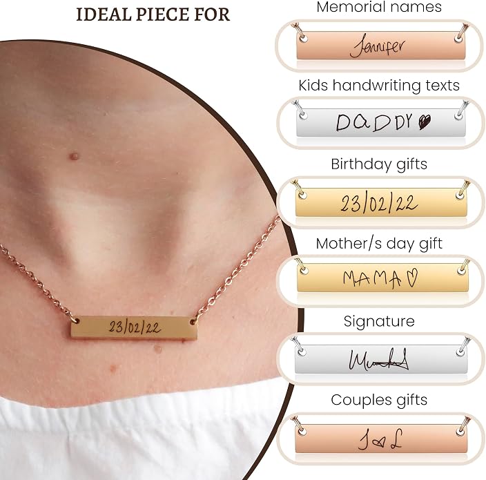 Personalized bar necklace for women, custom engraved stainless steel name plate necklace gift gold, silver and rose gold for mothers day, coordinates, dates, roman numeral, friendship, christmas