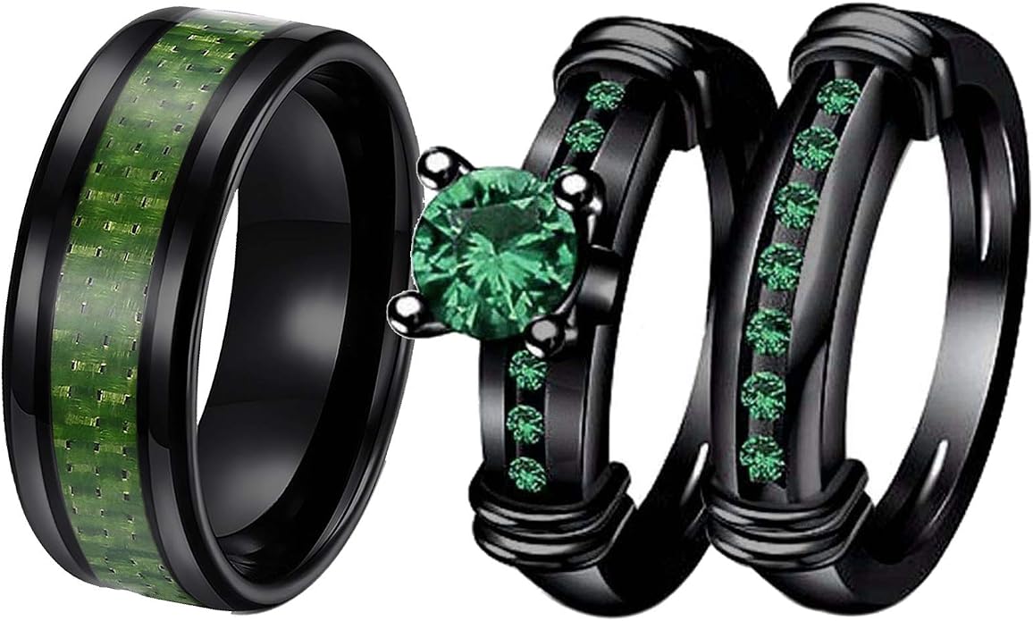 3pcs Matching Rings His and Hers Ring Couple Rings Pruple Cz Womens Wedding Ring Sets Wedding Bands