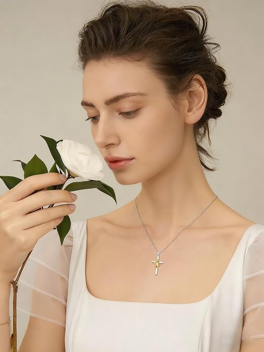 Cross Necklace for Women 925 Sterling Silver I Love You Necklace Religious Jewelry with Gift Box for Mother Daughter