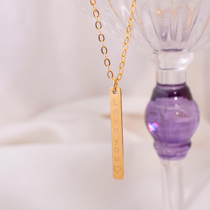 Personalized Vertical Bar Name Necklace, Custom Engraved His and Hers Couples Pendant in Old English Cursive or Block Script, 16K Gold Silver Plated Stainless Steel, Anniversary Birthday Gift