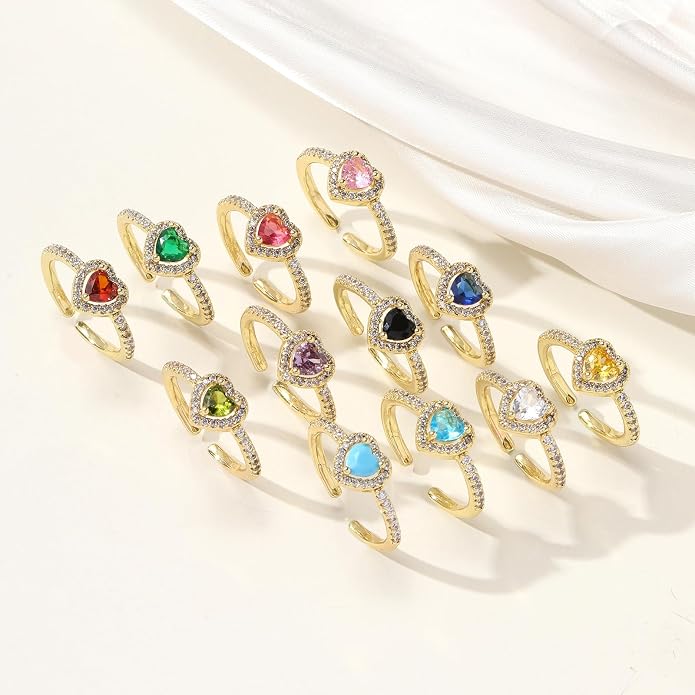 Gold Birthstone Rings for Women Non Tarnish 14k Gold Plated Dainty Heart Rings Adjustable Size Cubic Zirconia Ring Gold Simulated Gemstone Rings Birthday Gifts for Women