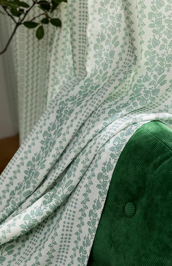 DrapePalette - Linen Blend Pinch Pleated Curtains 84 Inches Long for Living Room, Bedroom, Dining Room, Light Filtering Curtains 2 Panels Set, Modern Floral Printed Design, Summer Green, 30" W x 84" L
