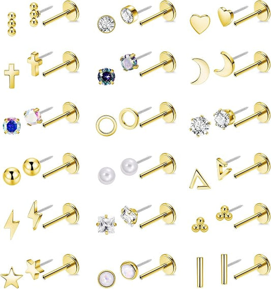 NICEIGHT 18Pairs 20G 316L Stainless Steel Threadless Push in Stud Earrings for Women Men Flat Back Cartilage Stud Earring Helix Tragus Stud CZ Heart Moon Star Ear Stud Piercing Jewelry