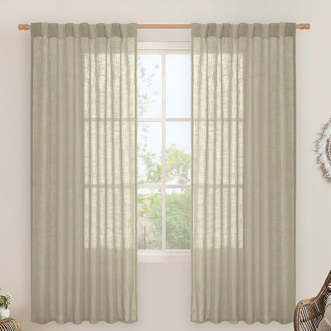 LAMIT Oatmeal 72 inch Linen Curtains for Living Room 2 Panels, Linen Textured Light Filtering Semi Sheer Back Tab and Rod Pocket Panels for Bedroom/Farmhouse, 52 x 72 Inch