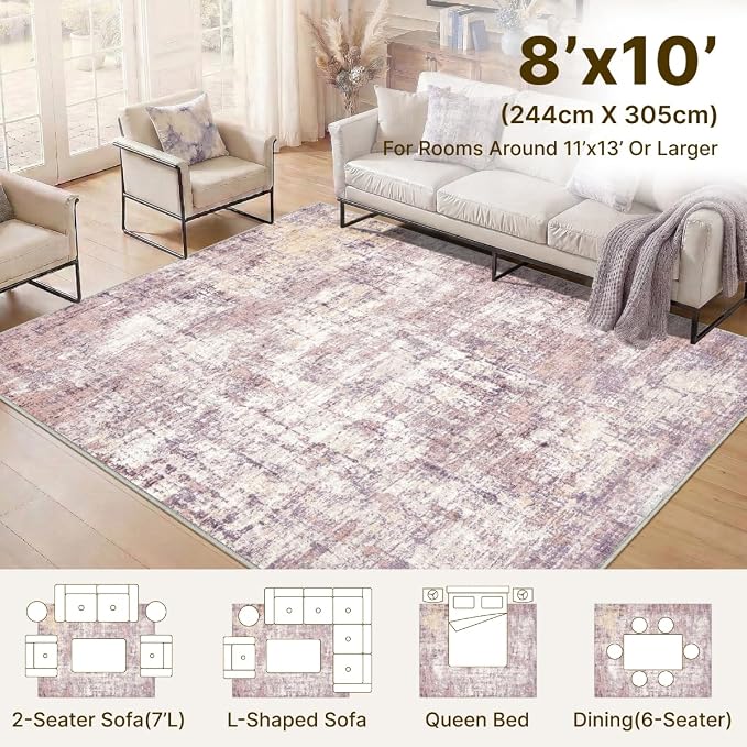 8x10 Area Rugs Washable Living Room Rug-No Slip Soft Carpets Modern Abstract Indoor Floor Stain Resistant Large Carpet for Bedroom Dining Room Farmhouse Nursery Home Office Pink