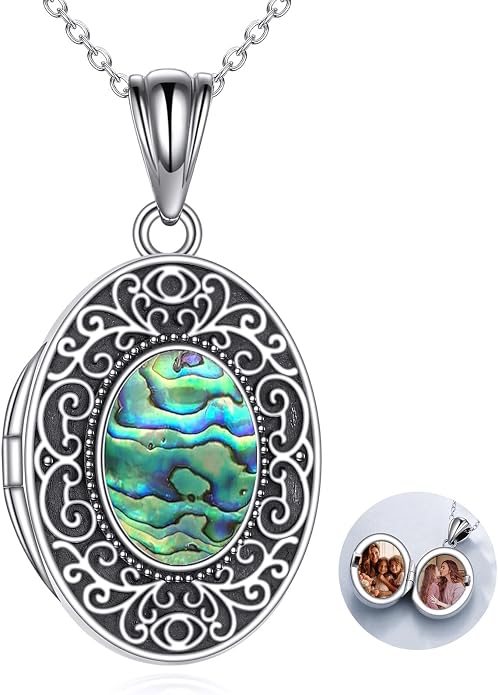 CRMAD Opal/Moonstone/Turquoise Locket Necklace for Women Sterling Silver Oval-Shaped Opal Locket Pendant Holds Pictures Always with You Vintage Style Photos Locket Jewelry Gifts for Loved One