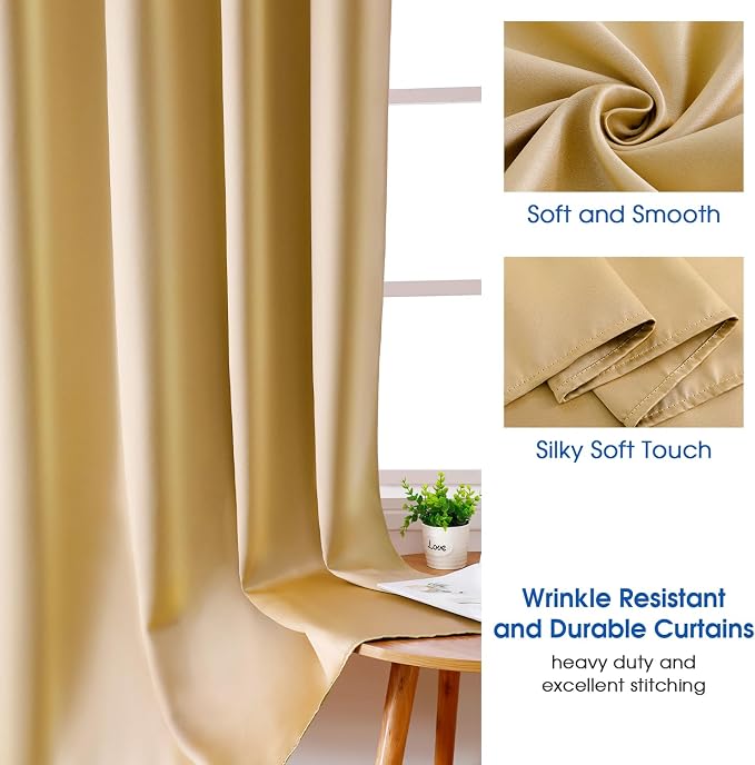 HOMEIDEAS 2 Panels Faux Silk Curtains for Living Room Gold Blackout Luxury Curtains, 52 X 63 Inch Room Darkening Thermal Insulated Christmas Window Drapes for Living Room, Bedroom Decor