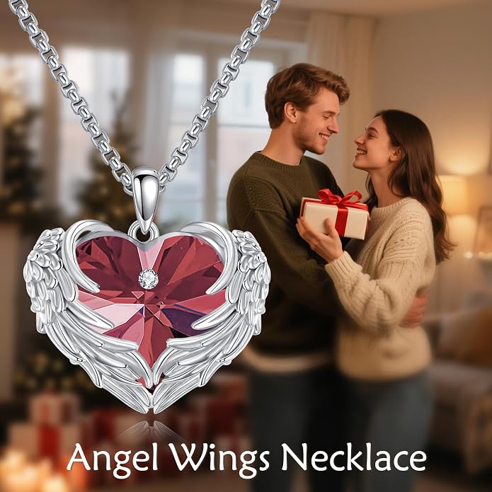 Angel Wings Necklace for Women 925 Sterling Silver Birthstone Guardian Necklace Jewelry Angel Wings Moonstone, Crystal Pendant Jewelry Gifts