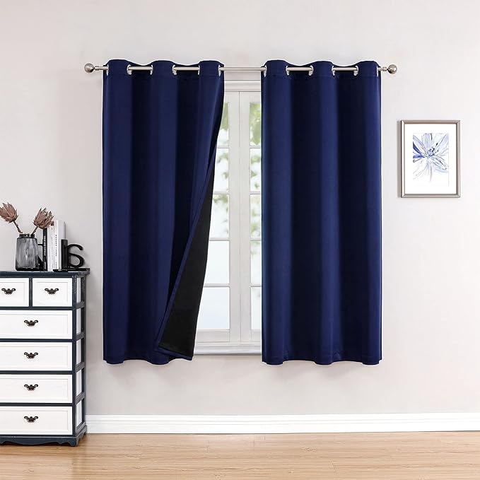 ChrisDowa 100% Blackout Curtains for Bedroom 45 Inches Long 2 Panels Set | 2 Thick Layers, Thermal Insulated, Light Blocking, Grommet, Window Treatment, Living Room Drapes, Navy Blue, 42 x 45 Inch