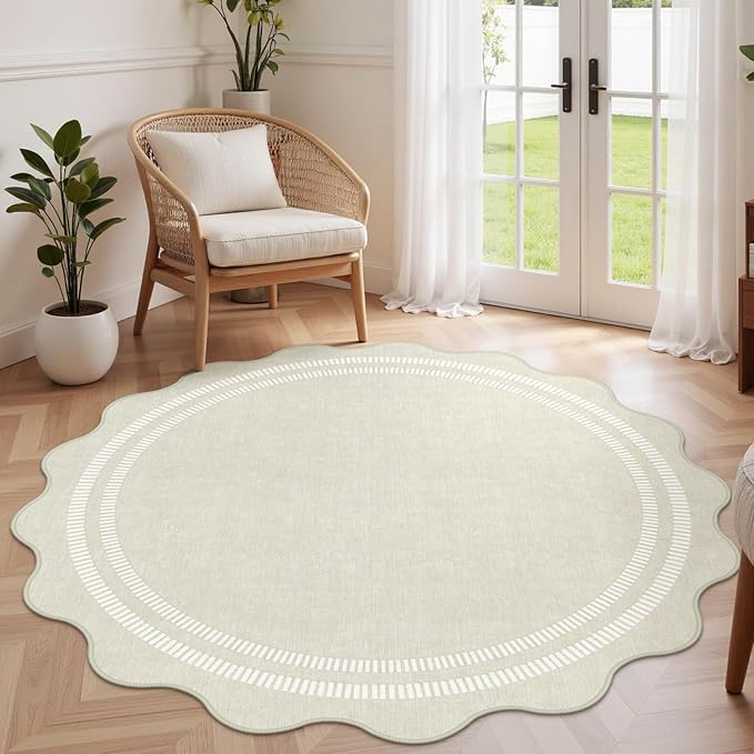 Area Rugs 5ft Living Room Washable Rug | Neutral Beige Soft Non Slip Rugs Ultra-Thin Indoor Carpet for Bedroom Dining Room Nursery Home Office