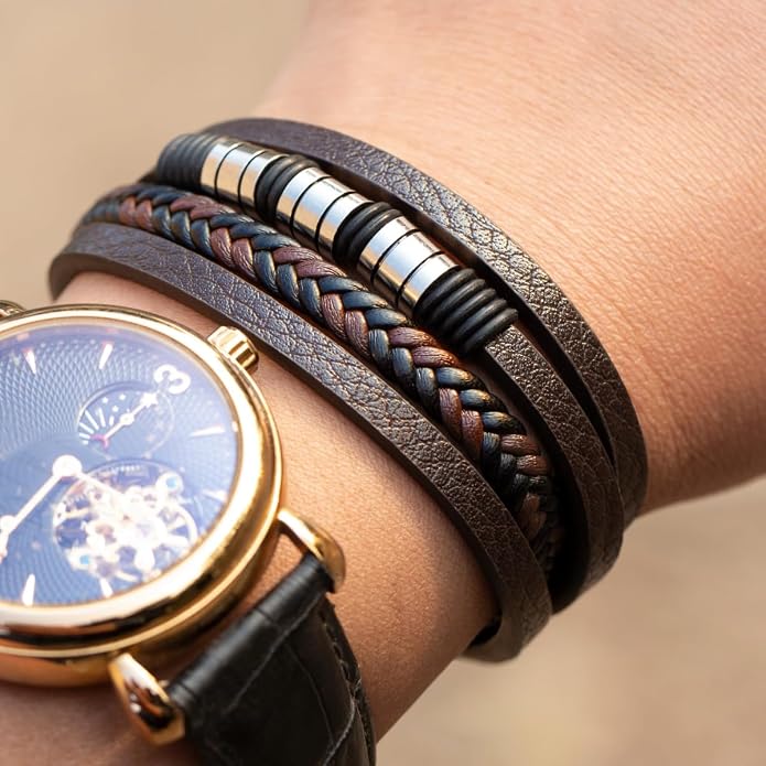 Mens Leather Bracelet Multi Layer – Braided Black Wristband with Stainless Steel Clasp, Minimalist Stylish Jewelry for Men, Everyday Wear Brown Black Blue