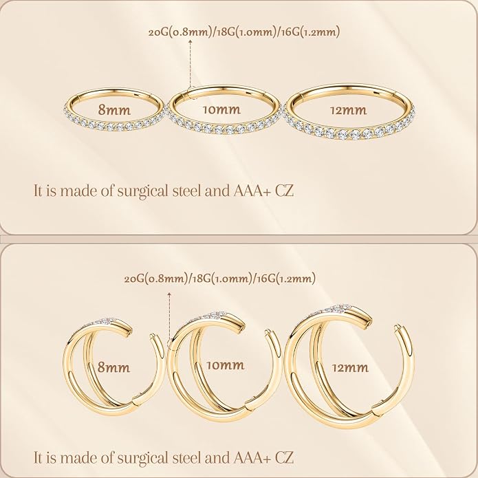 AROWRO Conch Piercing Jewelry Septum Jewelry Nose Rings Hoops 20G 18G 16G 316L Surgical Steel Hinged Segment Ring Hoop Helix Daith Rook Tragus Cartilage Piercing Jewelry
