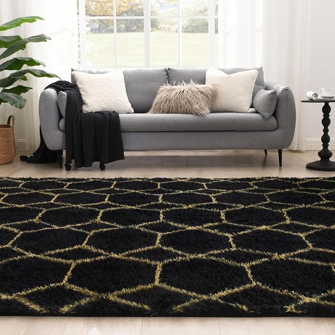 Fluffy Rug for Bedroom, Soft 6x9 Black Shag Plush Geometric Area Rugs | Modern Black and Gold Rug, Non Slip Carpet for Living Room, Aesthetic Home Decor, Fuzzy Floor Mat for Nursery Teen Dorm
