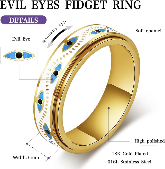 Evil Eye Fidget Ring for Women - Anxiety Relief Spinner Jewelry,18K Gold Plated Stainless Steel Turkish Ojo Turco Protection Rings Gift for Adults