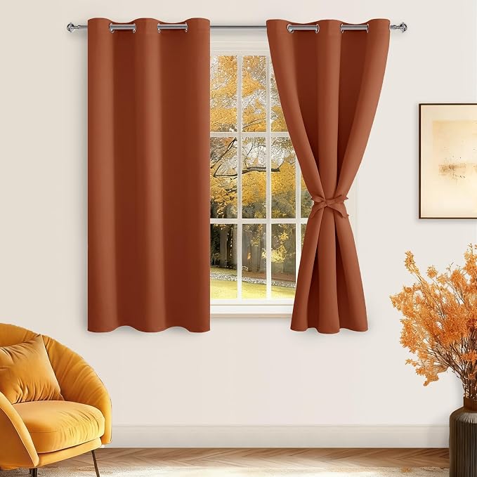 Hiasan Blackout Curtains for Bedroom - Thermal Insulated & Energy Saving Window Curtains for Living Room Fall Home Decor, 2 Drape Panels Sewn with Tiebacks, Burnt Ochre, 38 x 54 Inch