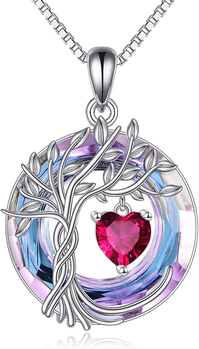 POPLYKE Mothers Day Gifts for Mom Her Wife Tree of Life Necklace 925 Sterling Silver Birthstone Pendant with Crystal Anniversary Birthday Wedding Jewelry for Women